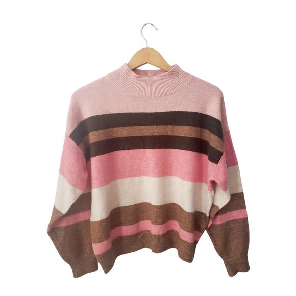 H&M Striped Wool Blend Mockneck Sweater Pink/Brown Size Medium - Picture 1 of 4